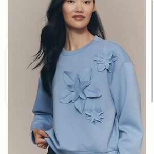 Anthropologie Blue Sweatshirt with 3D Floral Design